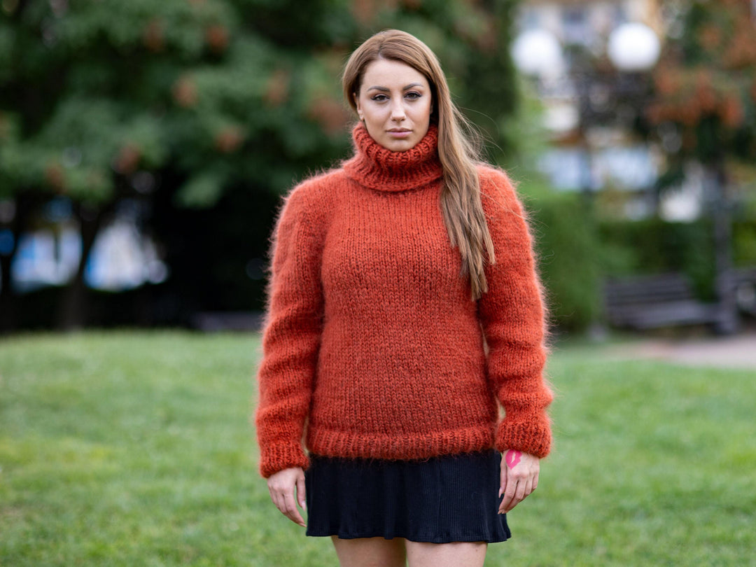 Hand-Knitted Orange Mohair Sweater – Fluffy Soft Warm Turtleneck Pullover T1097