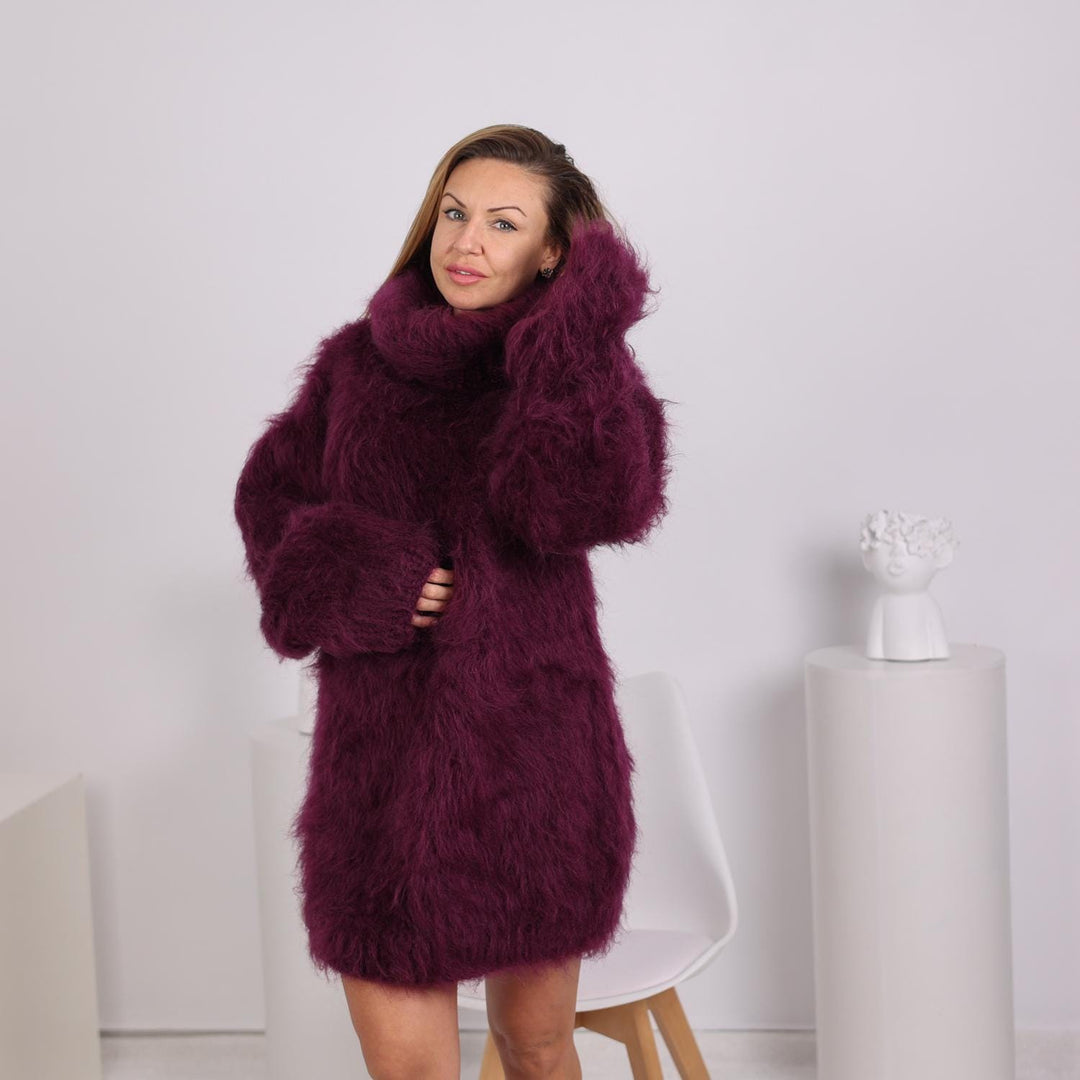 Hand-Knitted Mohair Sweater – 3-Strand Extra Fluffy Fuzzy Turtleneck Pullover T1818