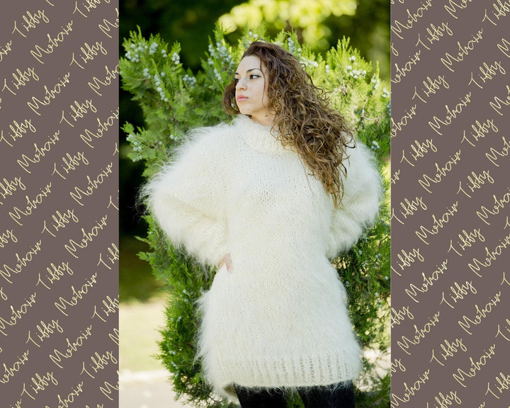 Mohair–Merino Wool Sweater – Hand-Knitted Cream Crewneck Thick Oversized Pullover T80