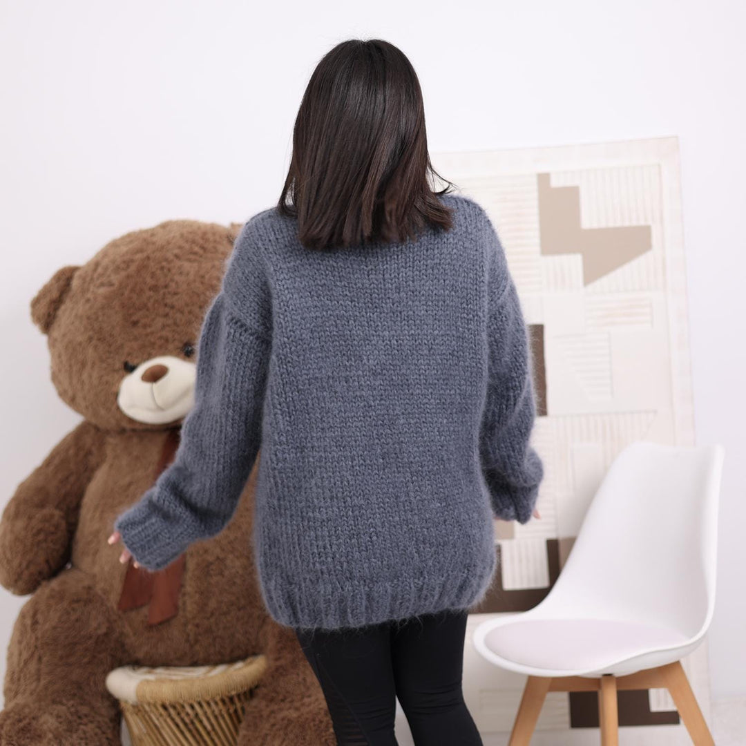 Hand-Knitted Gray Mohair Sweater – Fluffy Chunky Oversized Turtleneck Pullover T1836
