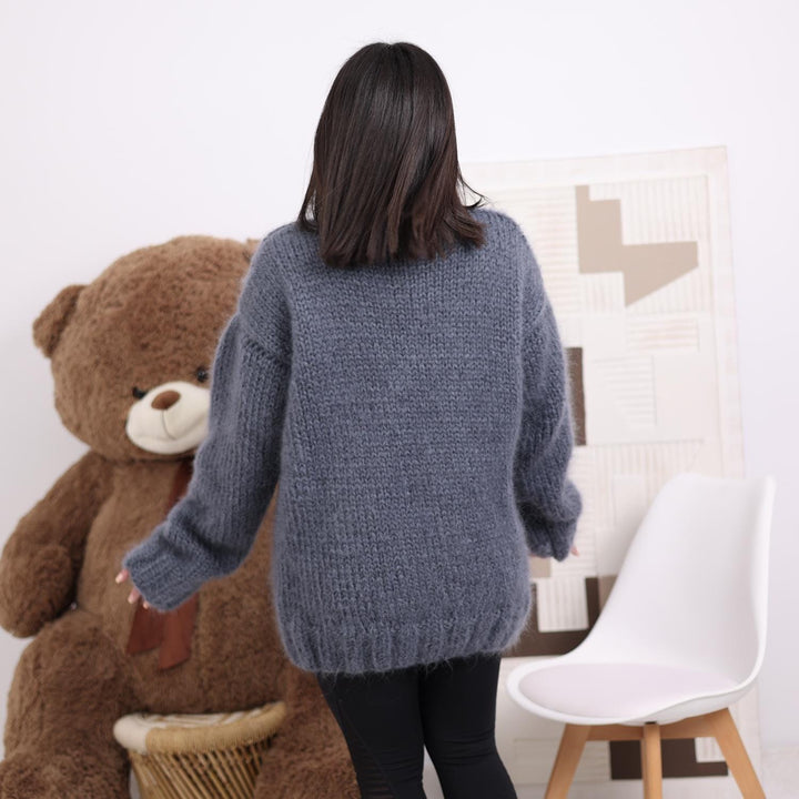 Hand-Knitted Gray Mohair Sweater – Fluffy Chunky Oversized Turtleneck Pullover T1836