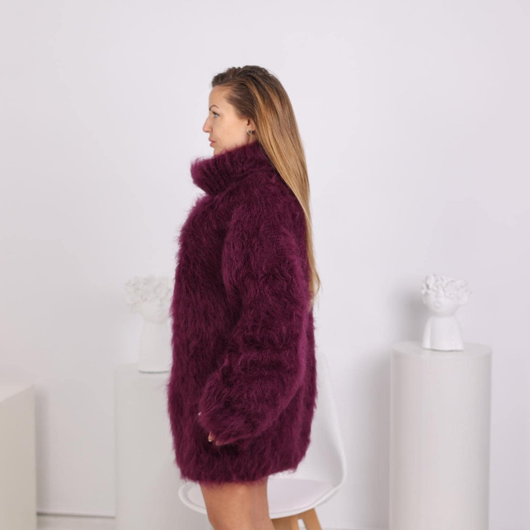Hand-Knitted Mohair Sweater – 3-Strand Extra Fluffy Fuzzy Turtleneck Pullover T1818