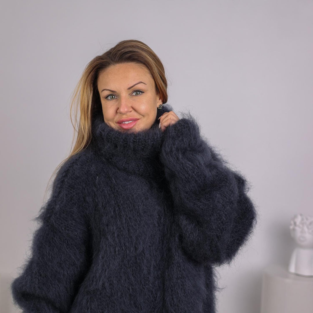 Hand-Knitted Dark Gray Mohair Sweater – Extra Hairy Fluffy Oversized Turtleneck Pullover T1819