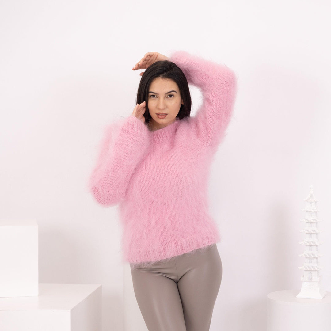 Hand-Knitted Pink Mohair Sweater – Thick Fuzzy Fluffy Soft Pullover T1587