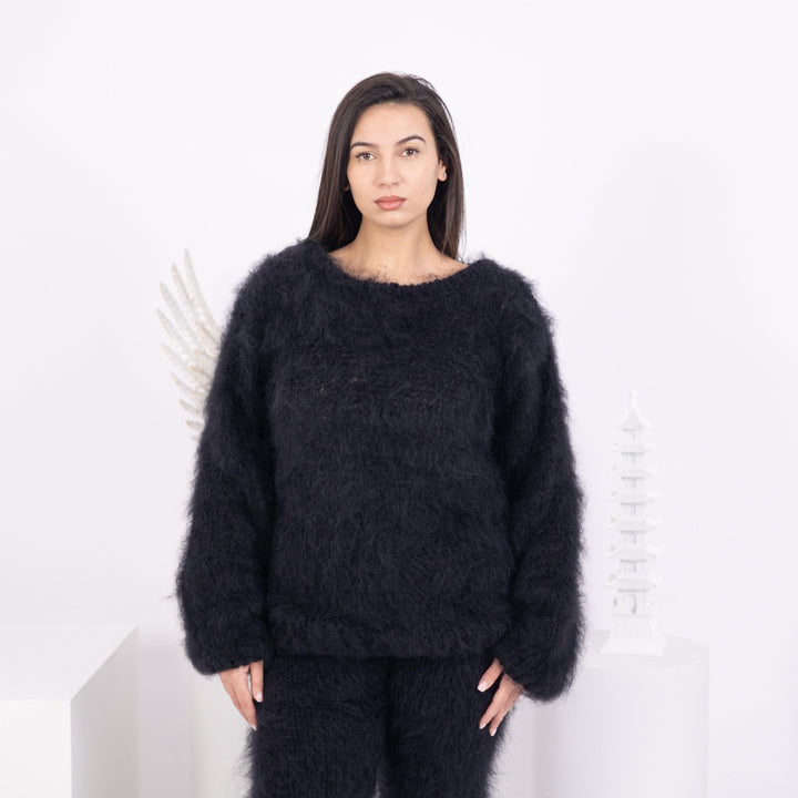Fluffy Black Mohair Sweater – Hand-Knitted Big-Needle See-Through Knit T1588