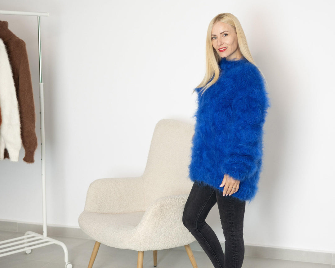 Hand-Knitted Blue Mohair Sweater – Big-Needle Fluffy See-Through Women’s Jumper T1510