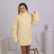 Cremefarbener Grobstrick-Mohair-Pullover – Handgestrickter dicker Oversized Rollkragenpullover Tunika T1793