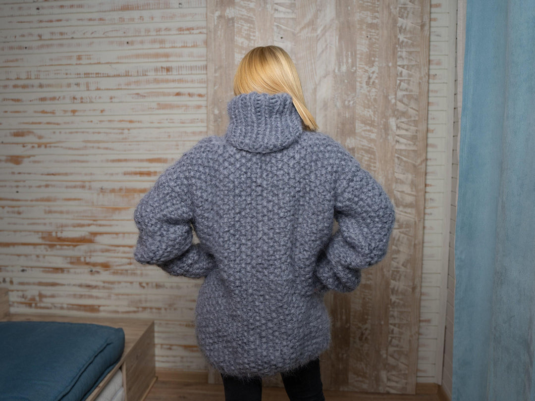 Moss Stitch Chunky Mohair Sweater – 8-Strand Thick Hand-Knitted Hairy Cosy Jumper T1114