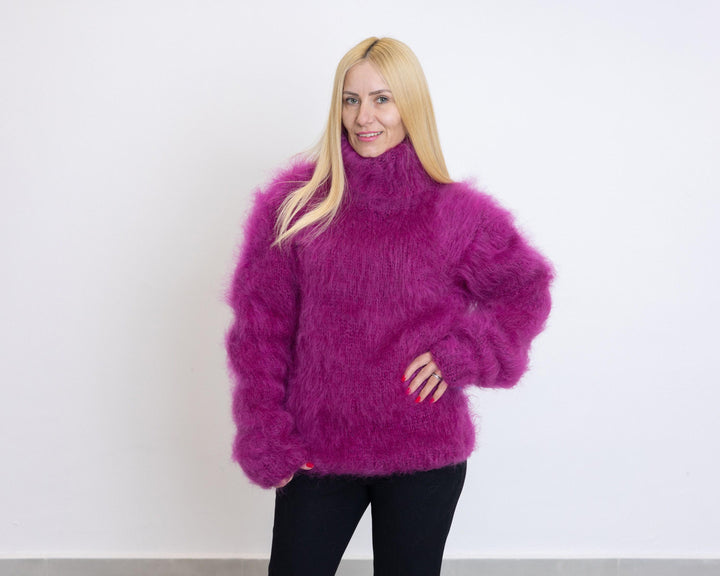 Hand-Knitted Purple Mohair Sweater – Fluffy Chunky Oversized Turtleneck Pullover T1517
