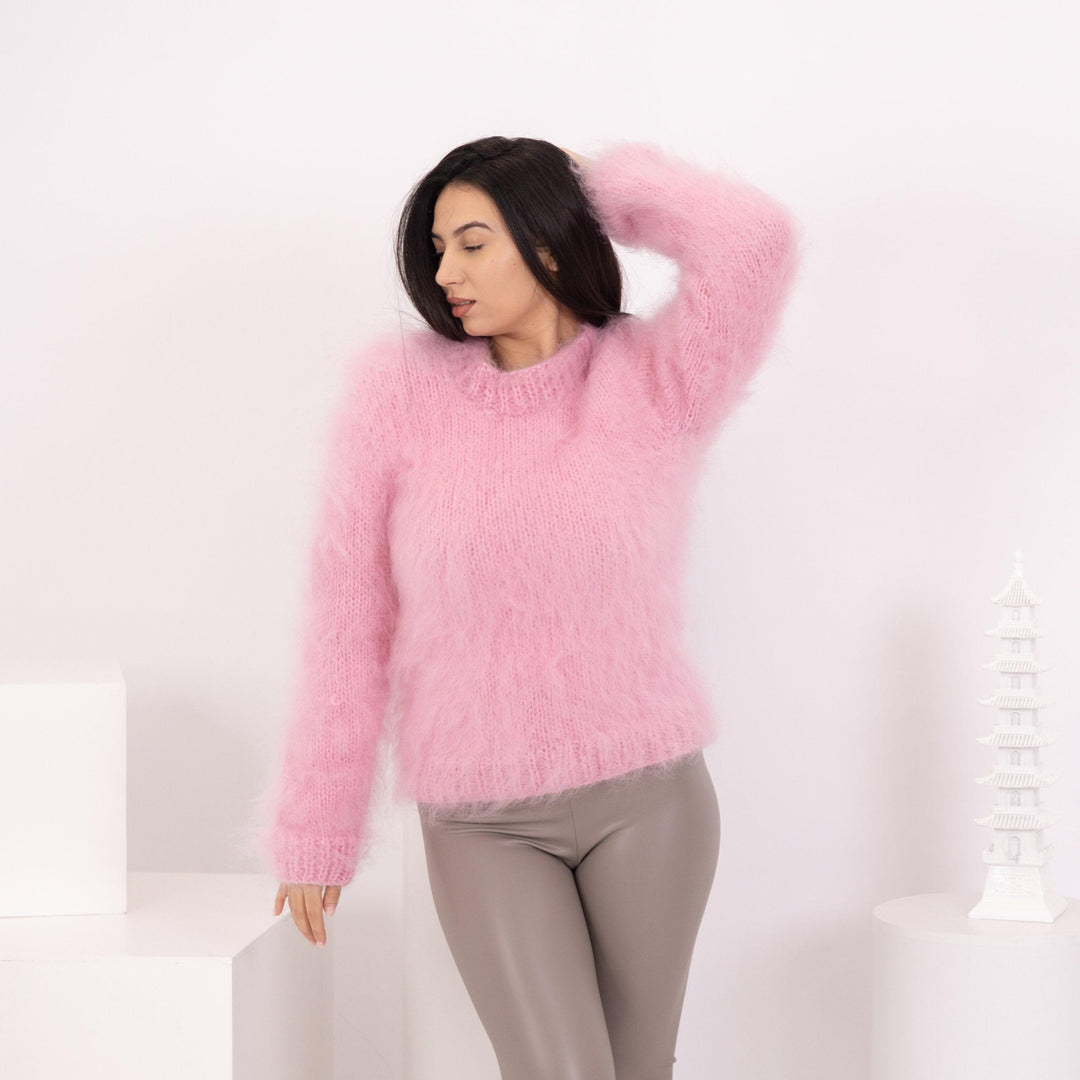 Hand-Knitted Pink Mohair Sweater – Thick Fuzzy Fluffy Soft Pullover T1587