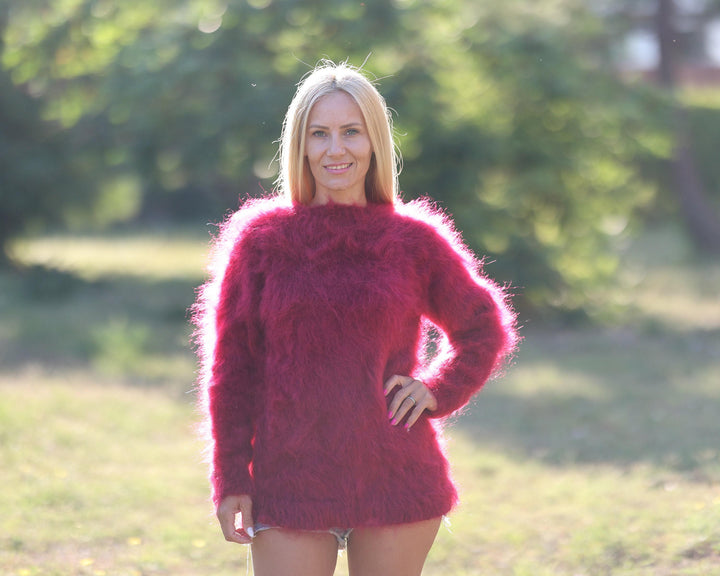 Hand-Knitted Red Mohair Sweater – Fluffy Soft Turtleneck Warm Jumper T1457
