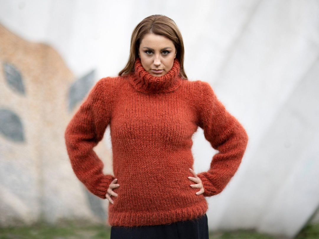Hand-Knitted Orange Mohair Sweater – Fluffy Soft Warm Turtleneck Pullover T1097