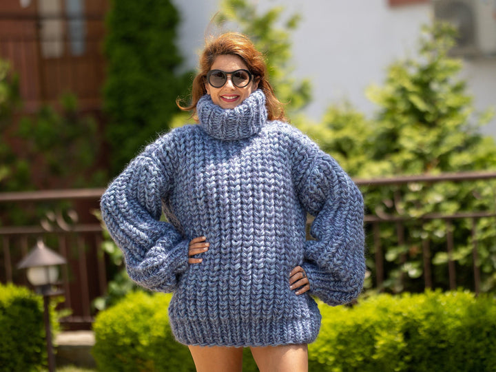 8-Strand Chunky Blue Mohair–Wool Mix Sweater – Hand-Knitted Pullover T1227