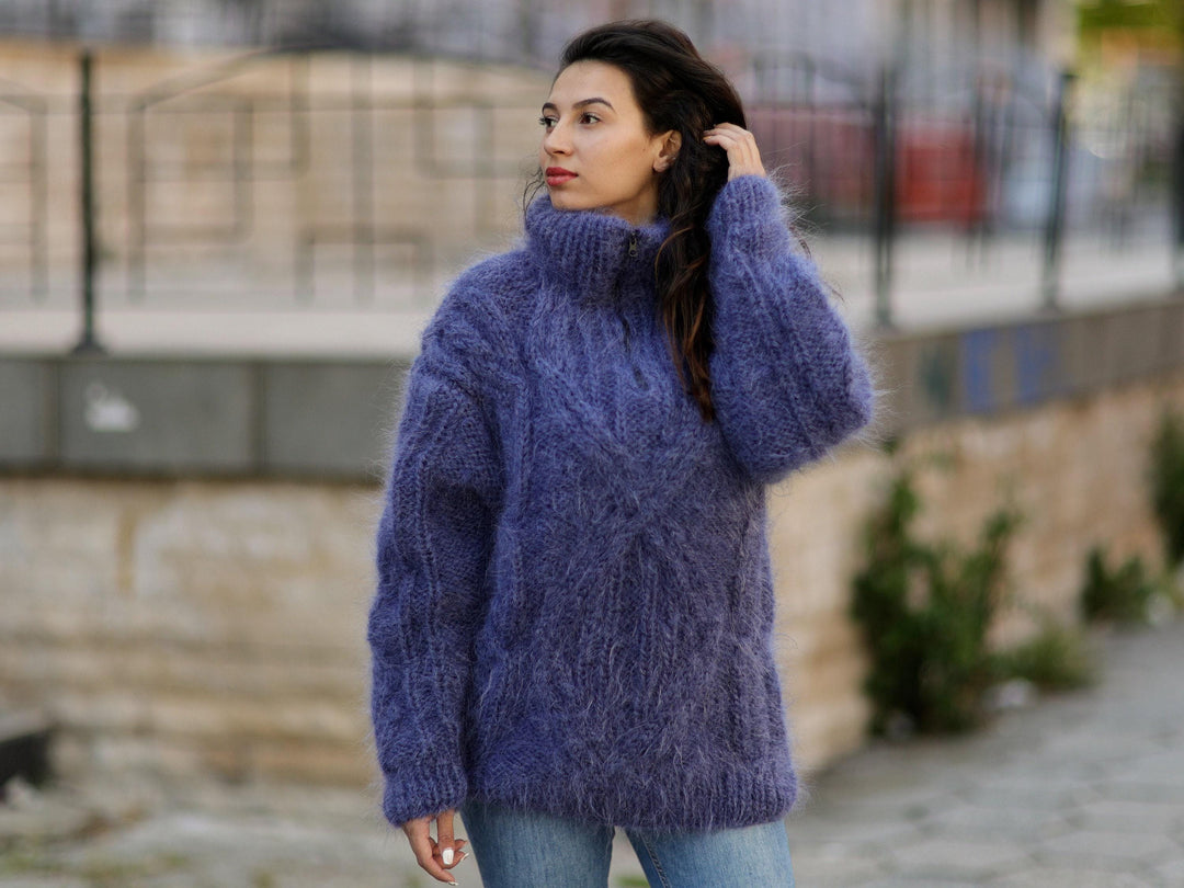 Fluffy Blue Mohair Sweater – Hand-Knitted Chunky Cabled Mock Neck Zipper Pullover T1060