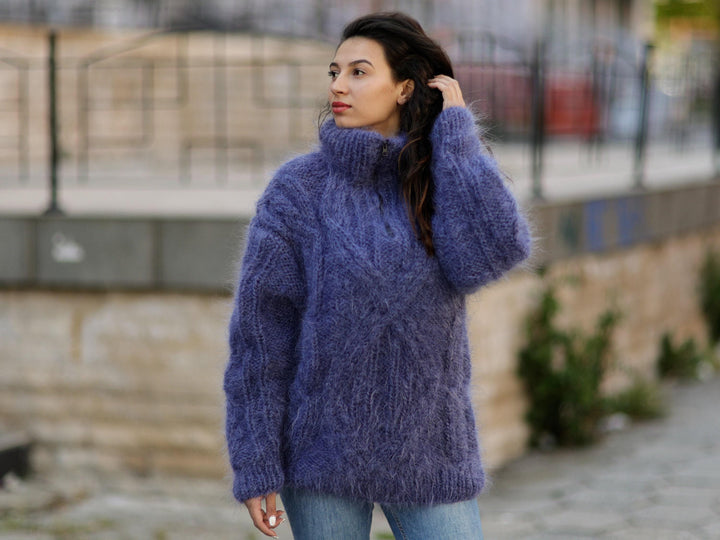 Fluffy Blue Mohair Sweater – Hand-Knitted Chunky Cabled Mock Neck Zipper Pullover T1060