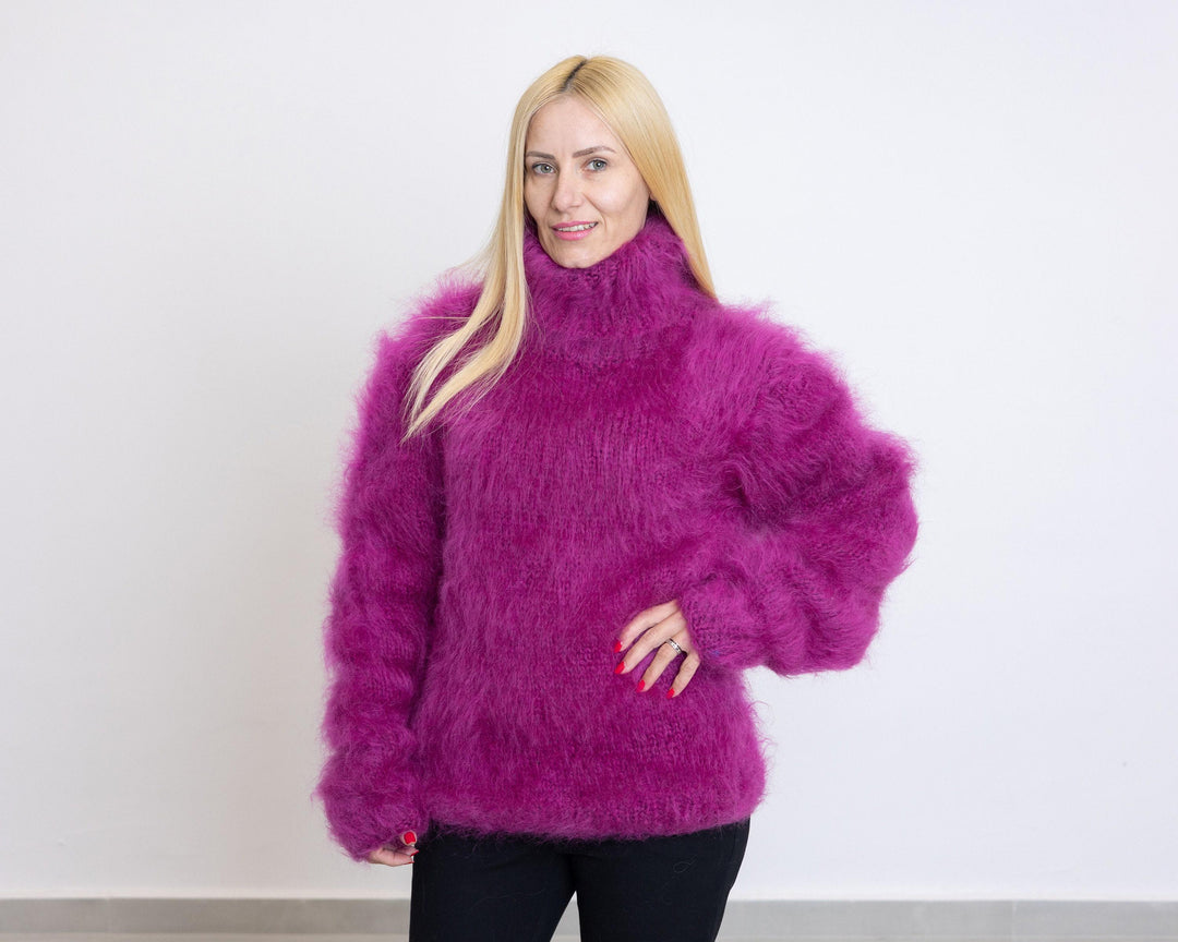 Hand-Knitted Purple Mohair Sweater – Fluffy Chunky Oversized Turtleneck Pullover T1517