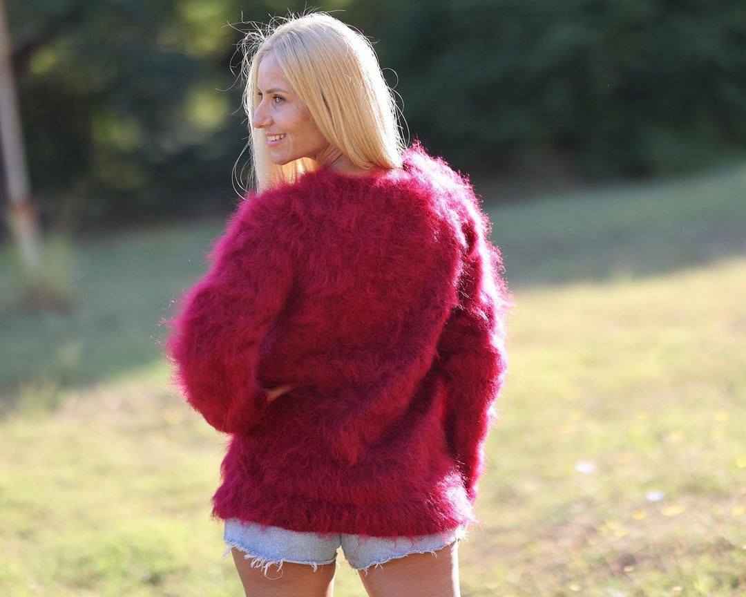Hand-Knitted Red Mohair Sweater – Fluffy Soft Turtleneck Warm Jumper T1457