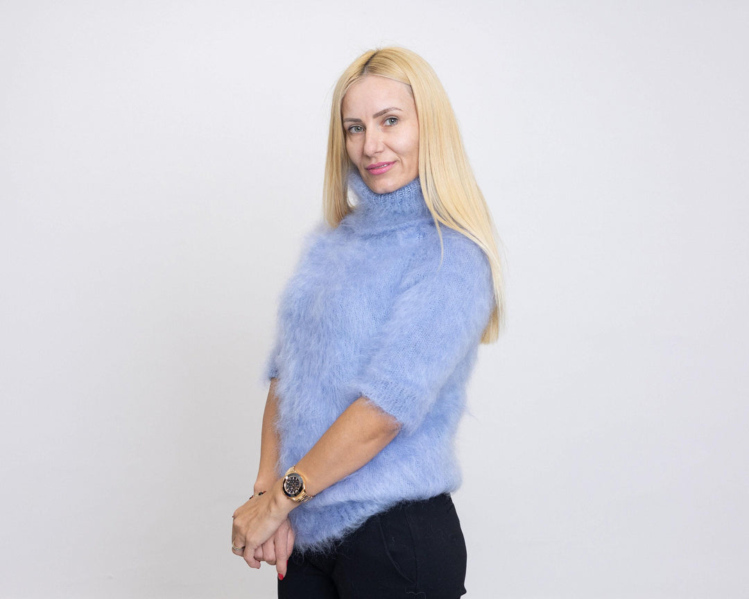 Short-Sleeve Mohair Sweater – Hand-Knitted Fluffy Cropped Pullover T1515