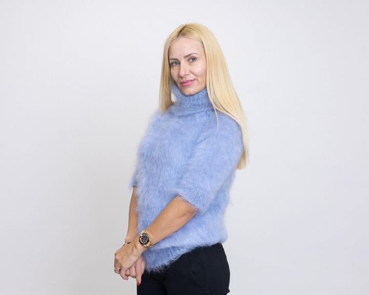 Short-Sleeve Mohair Sweater – Hand-Knitted Fluffy Cropped Pullover T1515