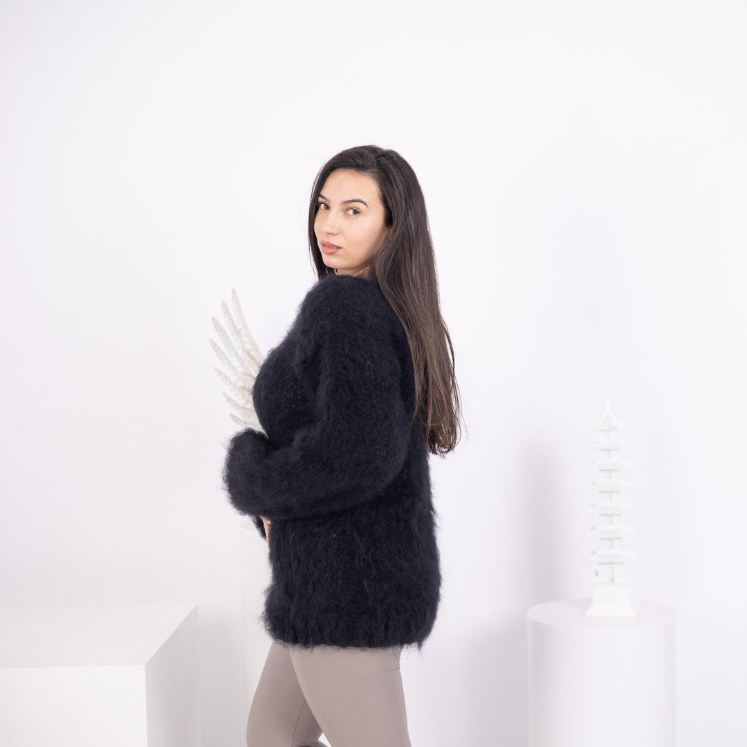 Fluffy Black Mohair Sweater – Hand-Knitted Big-Needle See-Through Knit T1588