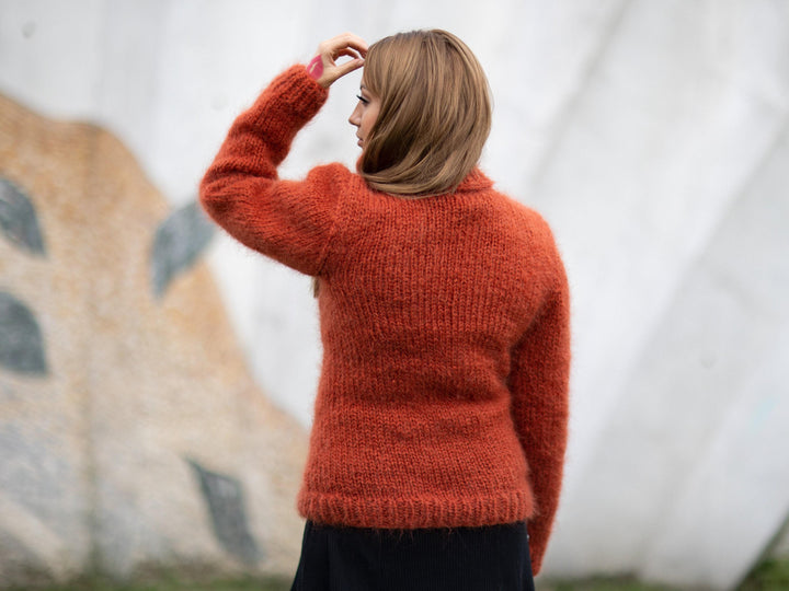 Hand-Knitted Orange Mohair Sweater – Fluffy Soft Warm Turtleneck Pullover T1097