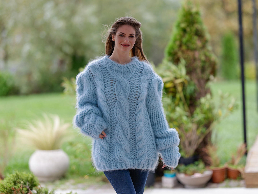 10-Strand Cabled Mohair Sweater – Hand-Knitted Chunky Fuzzy Jumper T1113