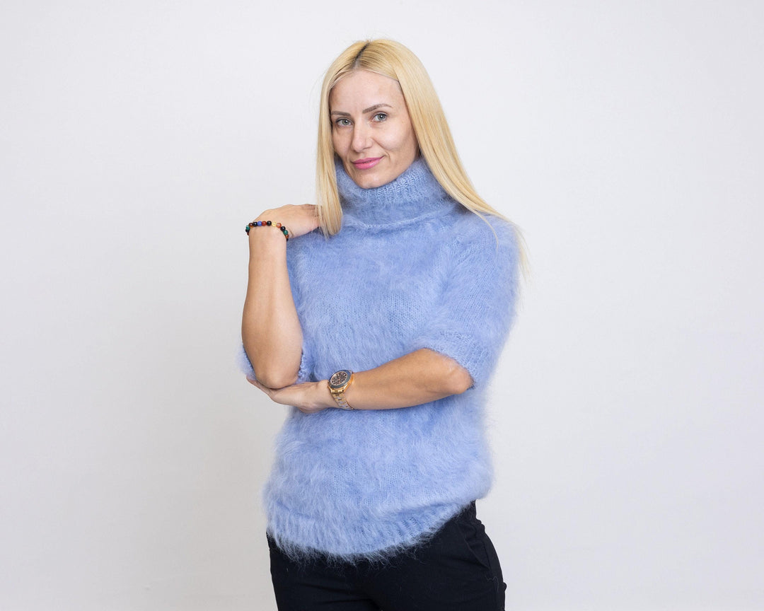 Short-Sleeve Mohair Sweater – Hand-Knitted Fluffy Cropped Pullover T1515