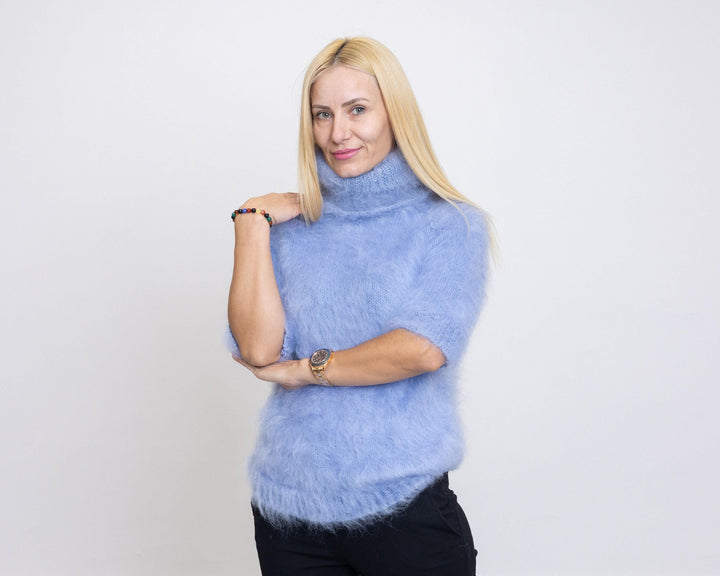 Short-Sleeve Mohair Sweater – Hand-Knitted Fluffy Cropped Pullover T1515