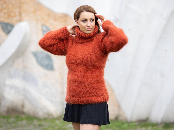 Hand-Knitted Orange Mohair Sweater – Fluffy Soft Warm Turtleneck Pullover T1097