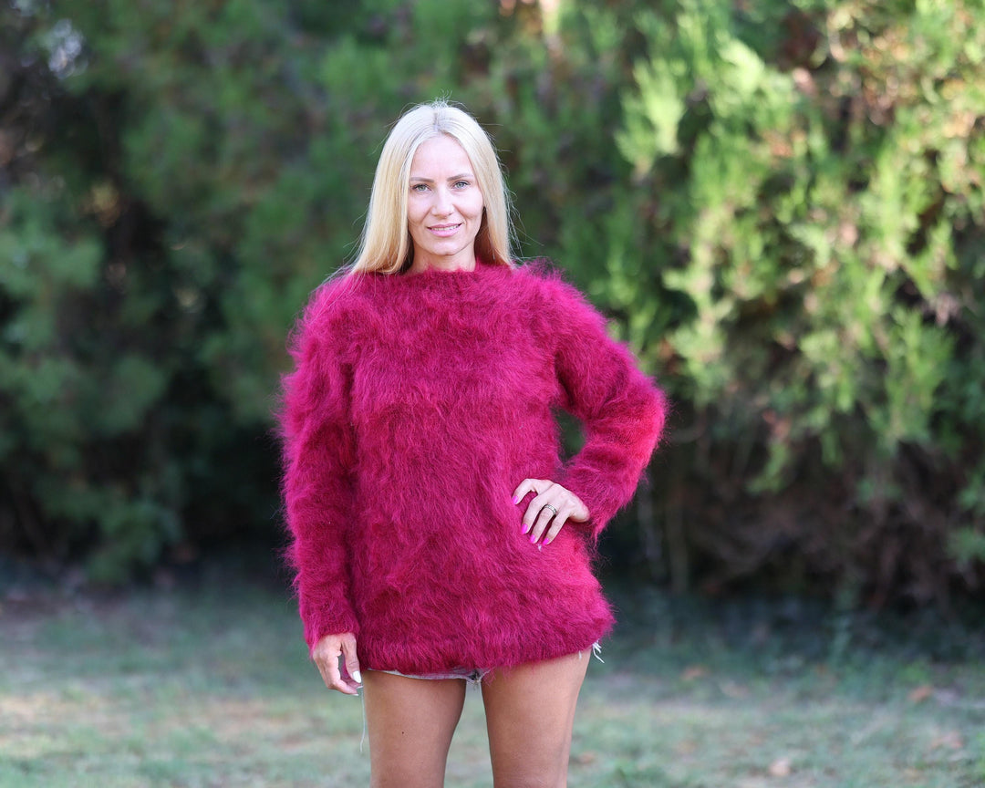 Hand-Knitted Red Mohair Sweater – Fluffy Soft Turtleneck Warm Jumper T1457