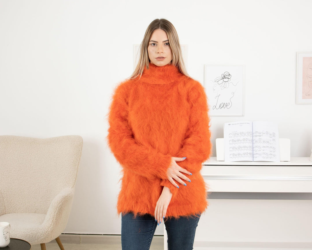 Orange Mohair Turtleneck Sweater – Hand-Knitted Fluffy Soft Winter Pullover T1323