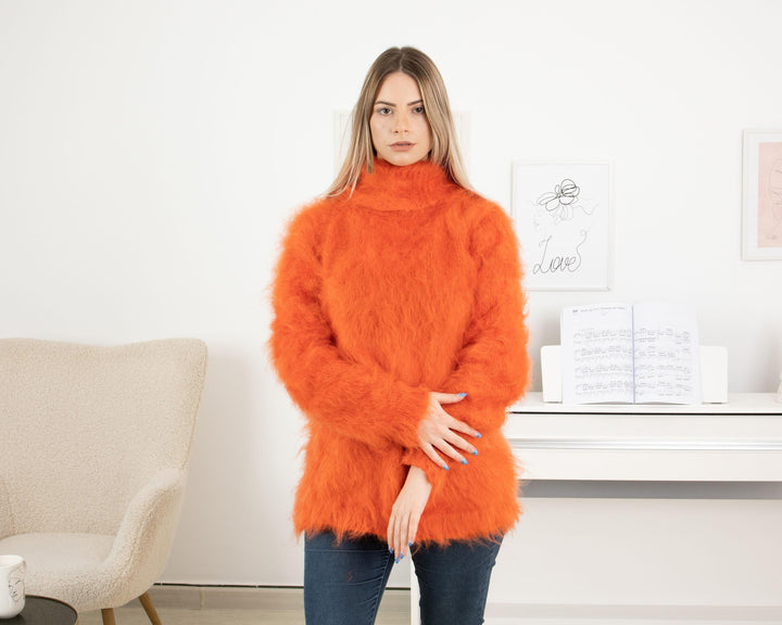 Orange Mohair Turtleneck Sweater – Hand-Knitted Fluffy Soft Winter Pullover T1323
