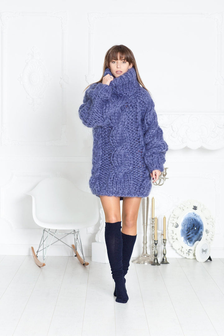 12-Strand Cabled Mohair Sweater – Hand-Knitted Huge Turtleneck Pullover T588