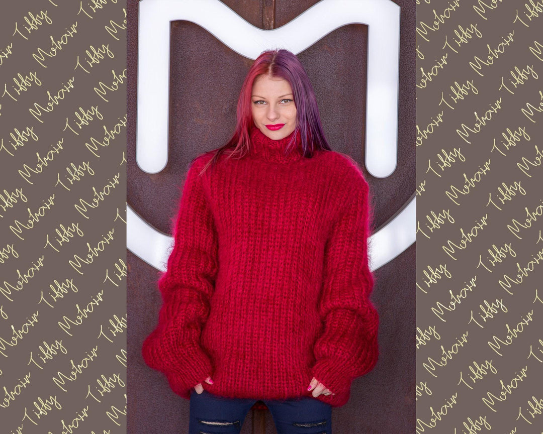 Fluffy Thick Ribbed Sweater, Hand Knitted in Soft Mohair Yarn T524