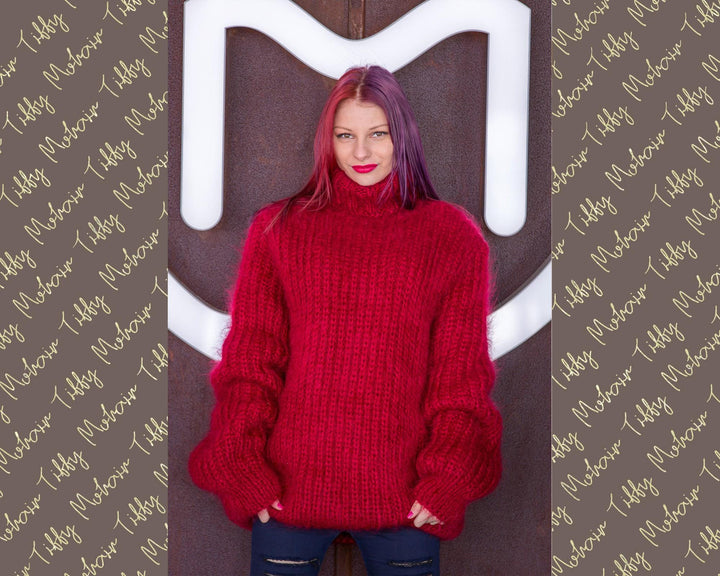 Fluffy Thick Ribbed Sweater, Hand Knitted in Soft Mohair Yarn T524