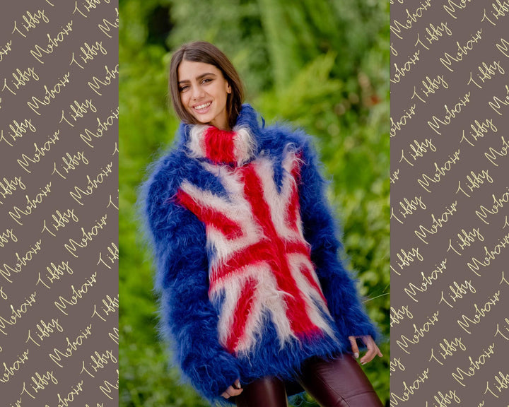 British Flag Mohair Sweater – Hand-Knitted Blue Fluffy Turtleneck Pullover T112