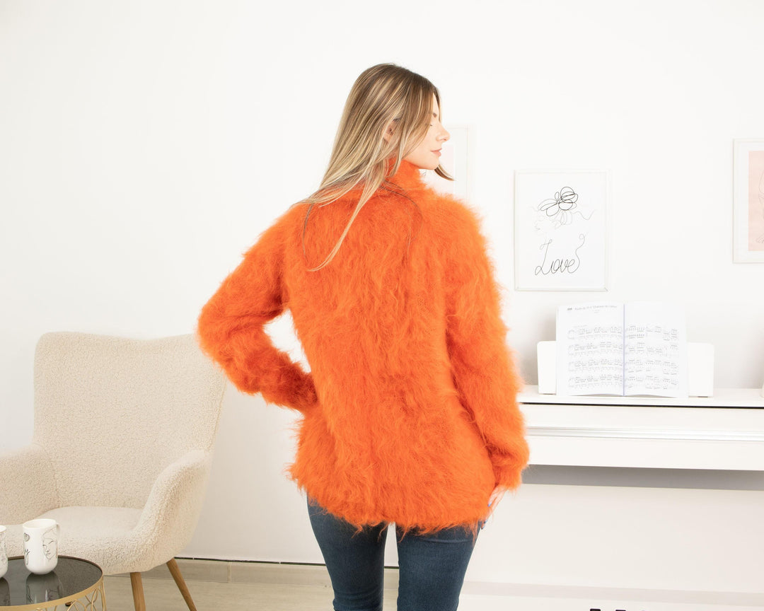 Orange Mohair Turtleneck Sweater – Hand-Knitted Fluffy Soft Winter Pullover T1323