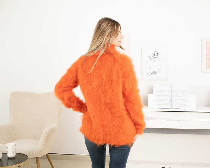 Orange Mohair Turtleneck Sweater – Hand-Knitted Fluffy Soft Winter Pullover T1323