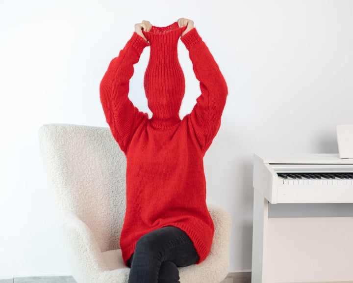Hand-Knitted Red Mohair Sweater – Extra-Long 55 cm Turtleneck Soft Warm Jumper T1532