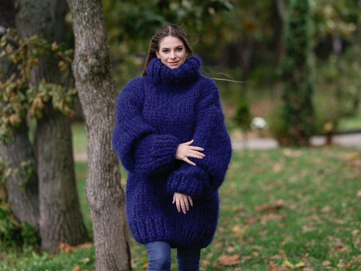12-Strand Turtleneck Mohair Sweater – Hand-Knitted Chunky Unisex Pullover T1111