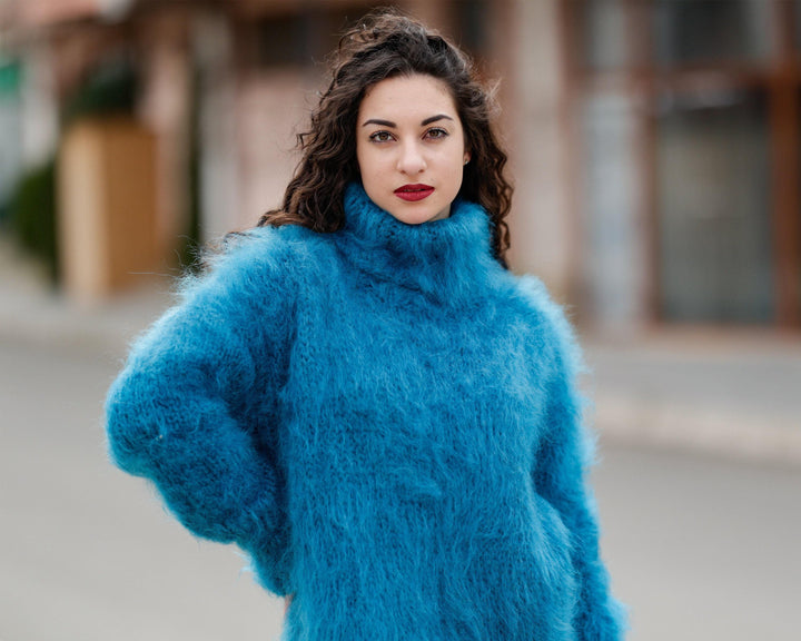 Hand Knitted Blue Mohair Sweater, Chunky Fluffy Turtleneck Jumper, Warm Pullover T1397