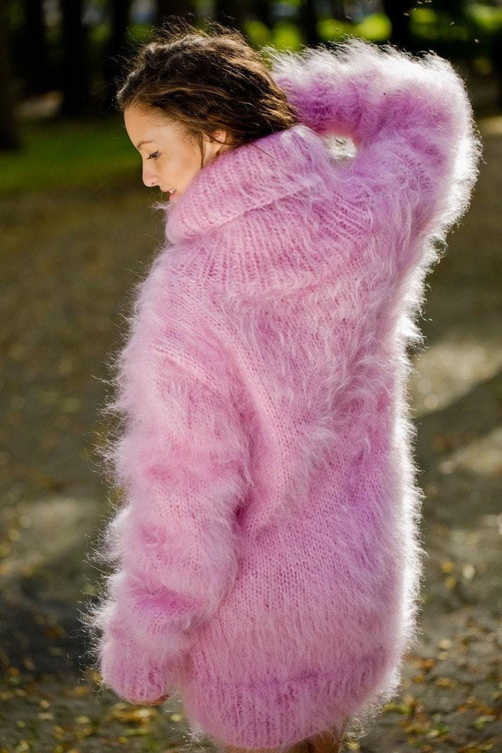 Pink Mohair Turtleneck Sweater, Hand Knitted Chunky Fluffy Oversized Jumper T171