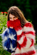 Amerikanische Flagge Mohair Pullover – Handgestrickter blauer flauschiger Rollkragenpullover T111