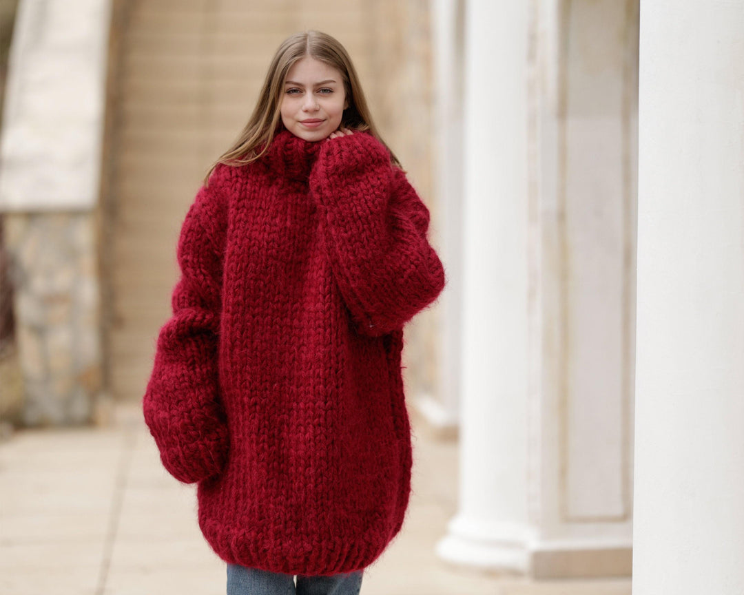 12-Strand Huge Turtleneck Mohair Sweater – Hand-Knitted Chunky Unisex Red Fluffy Pullover T1373