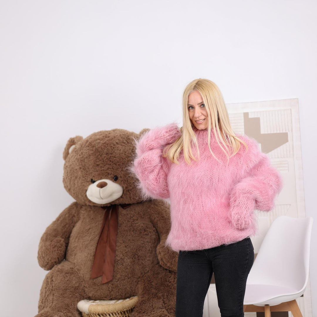 Pink Mohair Sweater – Hand-Knitted Fluffy Turtleneck with Extra Long Sleeves – Soft Fuzzy Pullover T1835