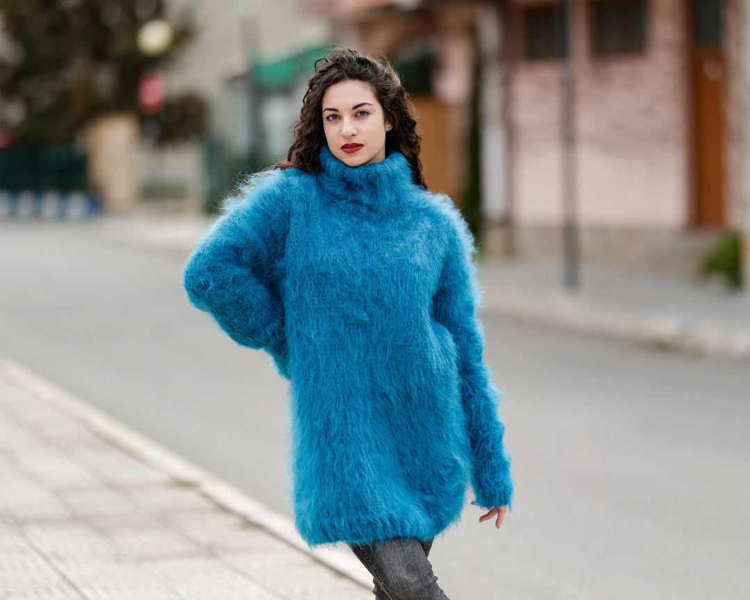 Hand Knitted Blue Mohair Sweater, Chunky Fluffy Turtleneck Jumper, Warm Pullover T1397