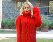 Roter Zopfstrick-Mohairpullover – Handgestrickter dicker flauschiger Rollkragenpullover T843