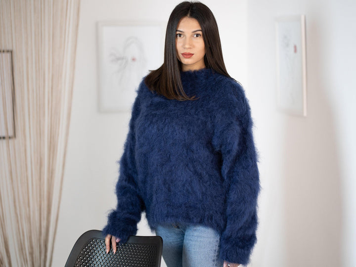 Fluffy Blue Mohair Sweater – Hand-Knitted Soft Warm Crewneck Pullover T1152
