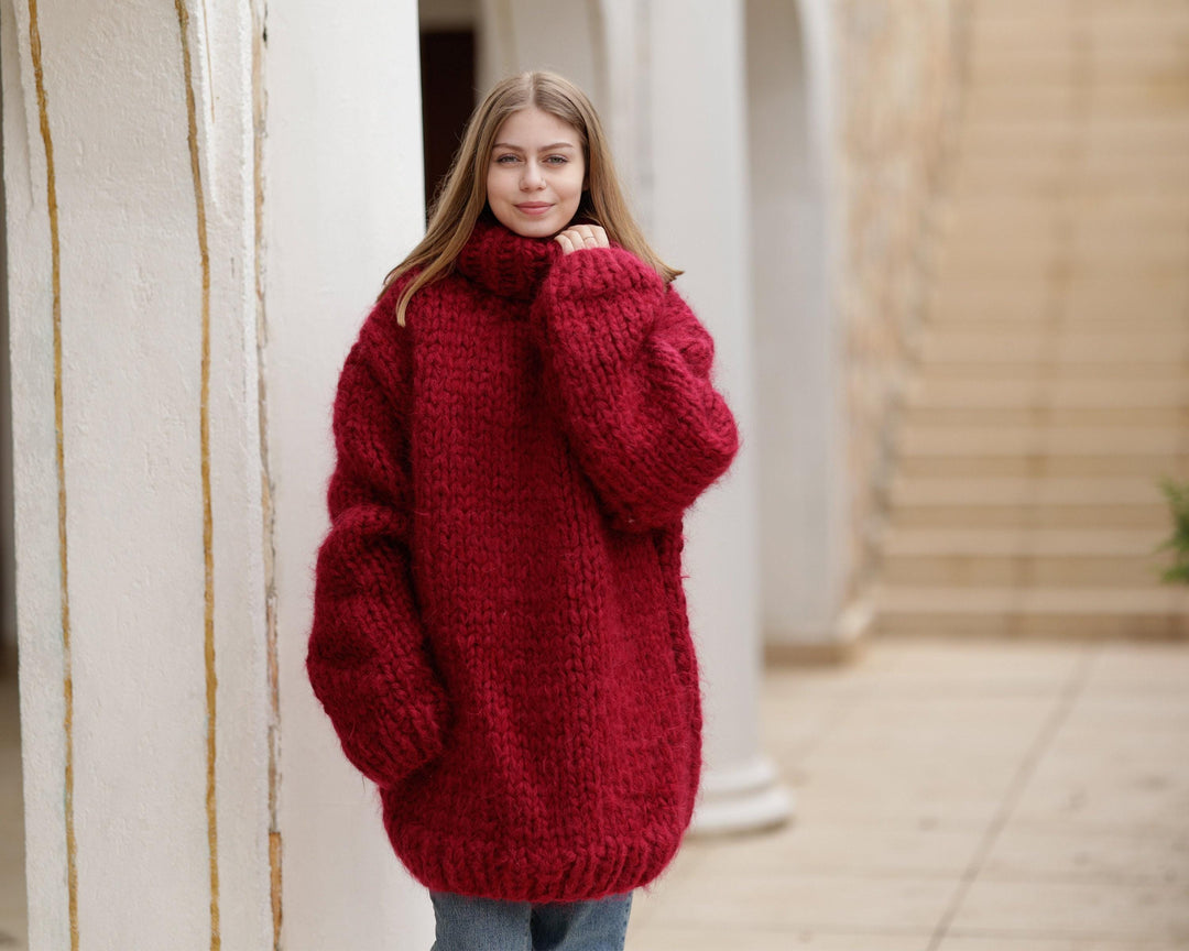 12-Strand Huge Turtleneck Mohair Sweater – Hand-Knitted Chunky Unisex Red Fluffy Pullover T1373