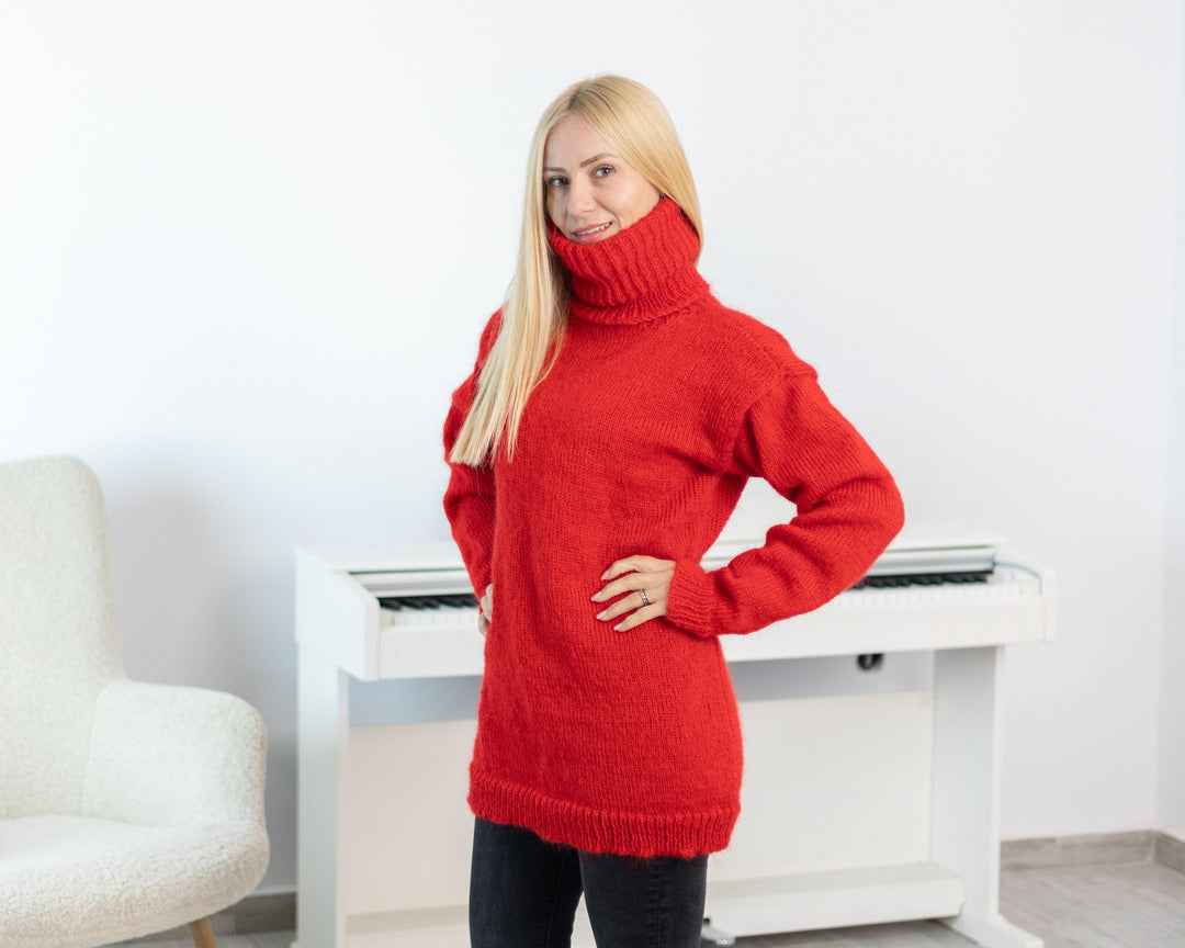 Hand-Knitted Red Mohair Sweater – Extra-Long 55 cm Turtleneck Soft Warm Jumper T1532